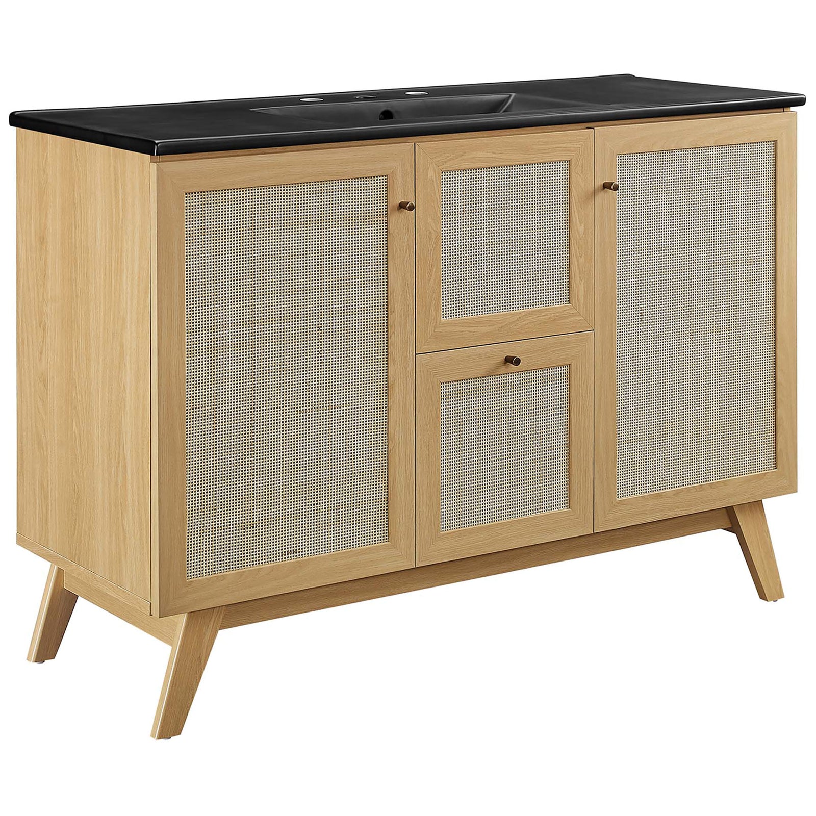 Rattan-front oak vanity with black integrated sink, brushed gold knobs, and splayed legs || EEI-6720-OAK-BLK || front_angle_studio
