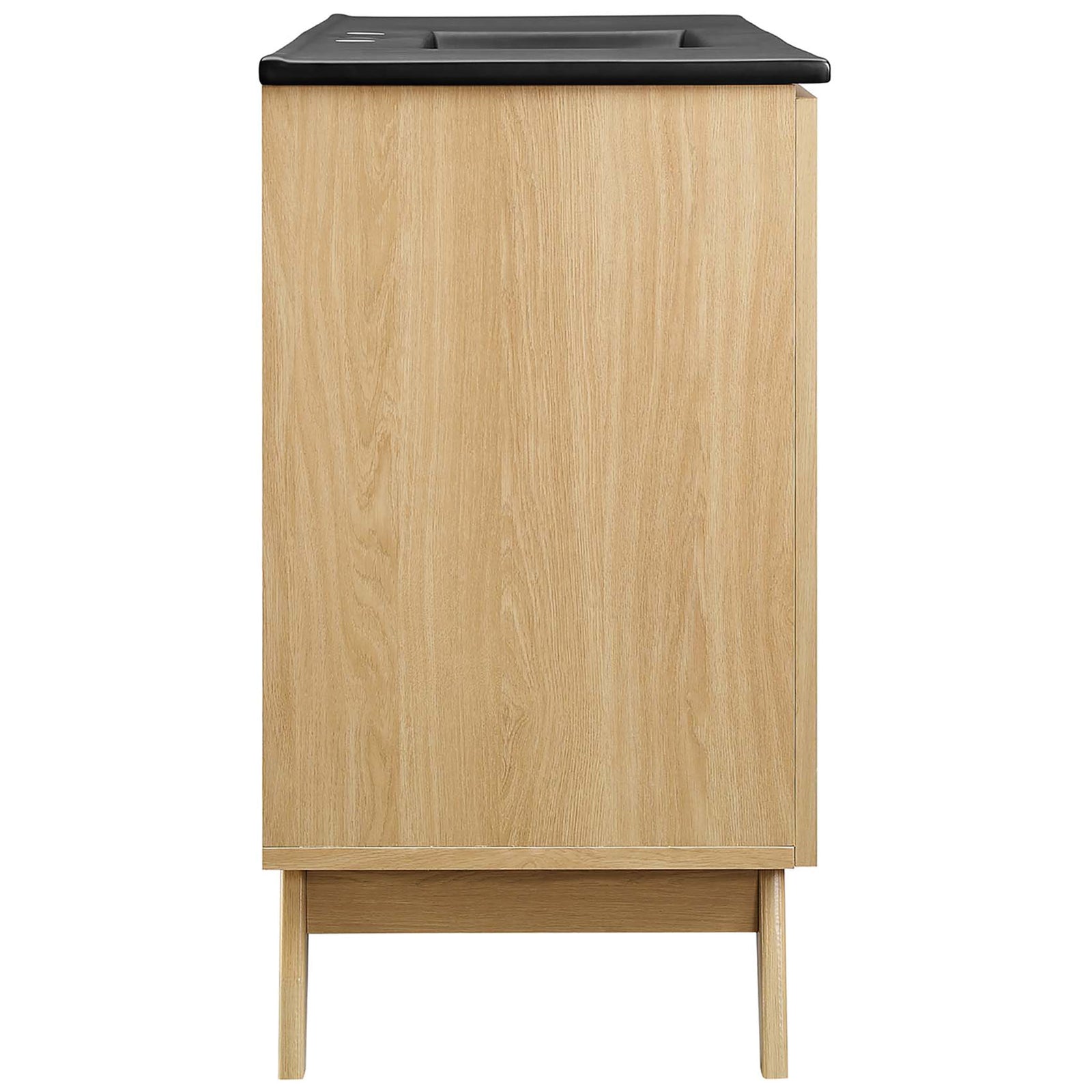 Slim oak vanity profile with wood grain and tapered mid-century legs || EEI-6720-OAK-BLK || side_studio