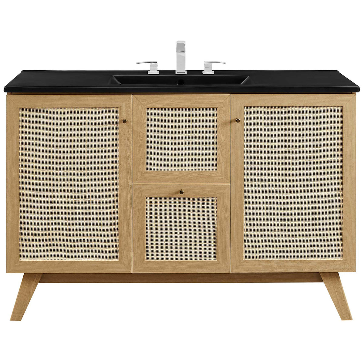 Black sink and rattan doors on a mid-century oak vanity || EEI-6720-OAK-BLK || front_studio