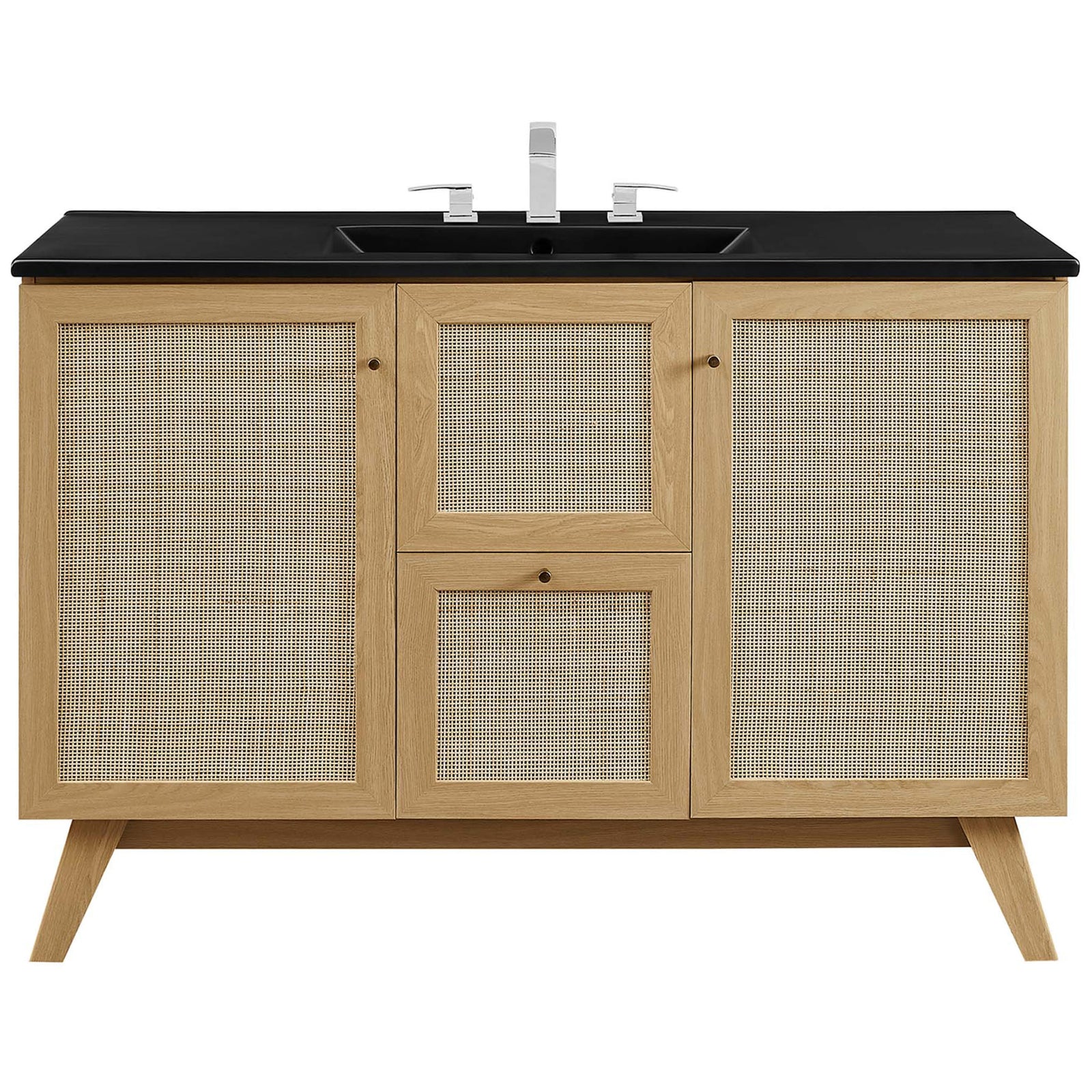 Black sink and rattan doors on a mid-century oak vanity || EEI-6720-OAK-BLK || front_studio