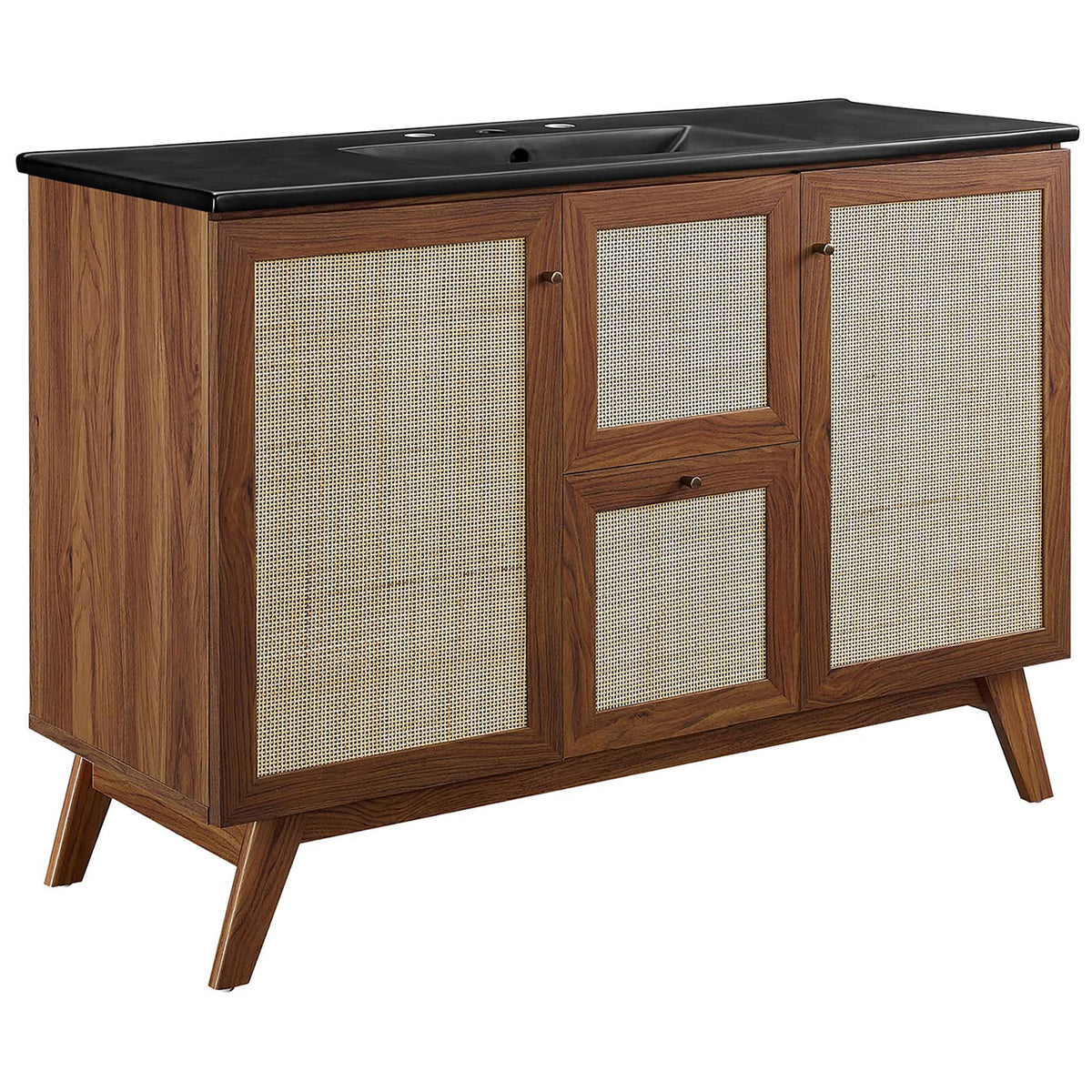 Mid-century vanity in walnut wood grain with rattan weave doors and a black integrated sink. || EEI-6720-WAL-BLK || front_angle_studio