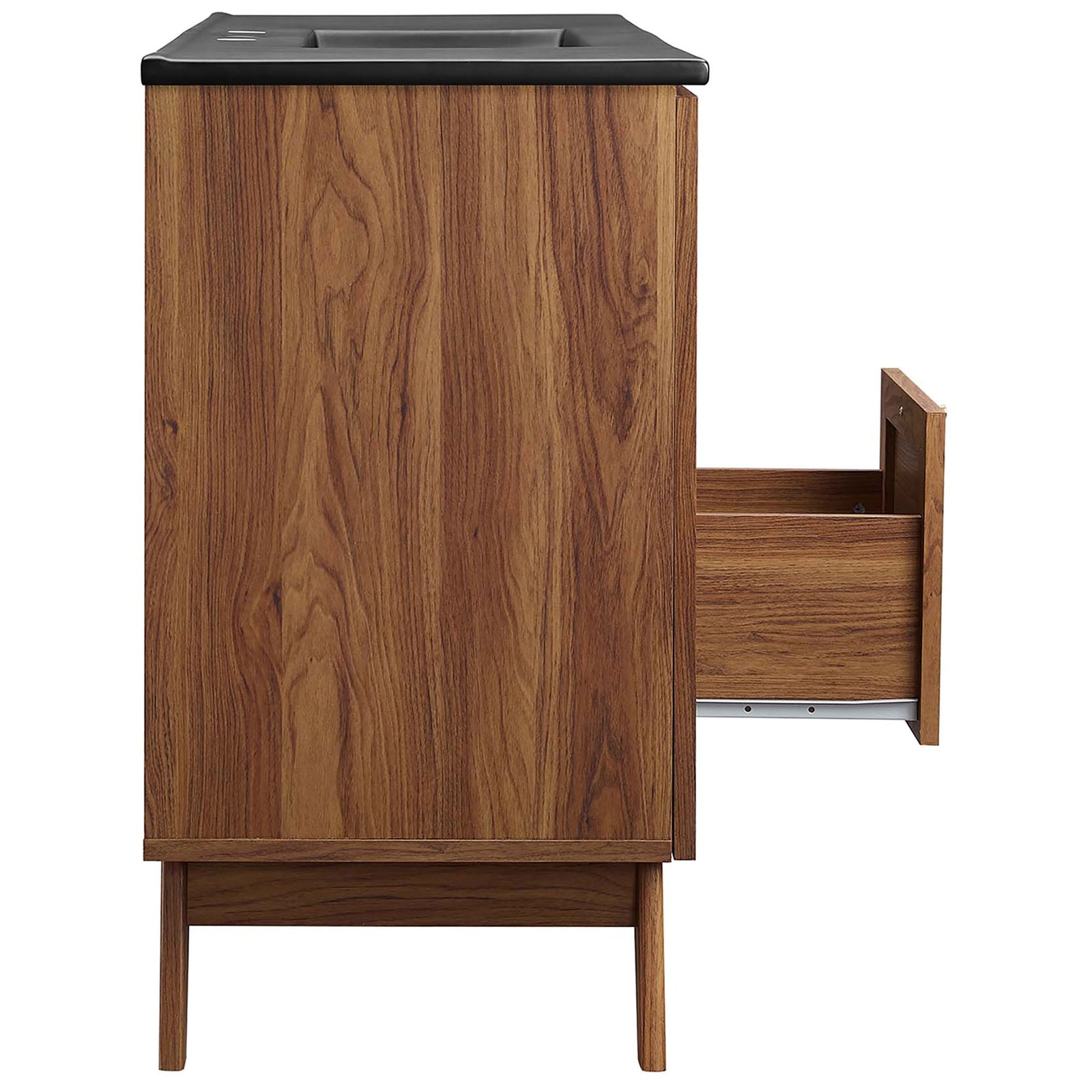 Smooth-gliding drawer opens for easy access to bath essentials. || EEI-6720-WAL-BLK || side_open_studio