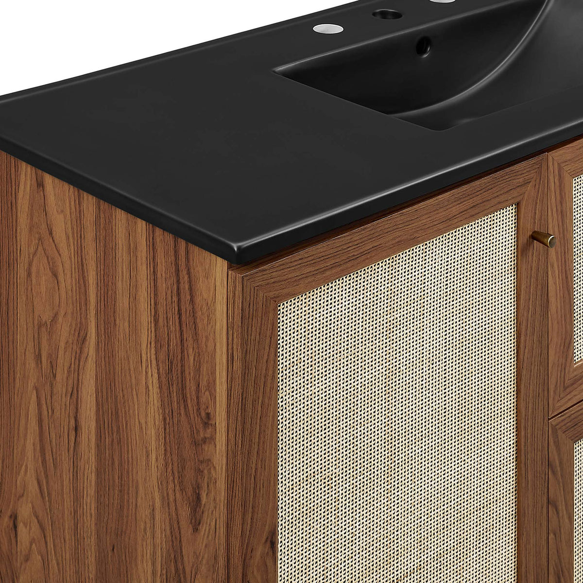 Matte black counter and brushed gold knob add a refined contrast to the warm walnut grain. || EEI-6720-WAL-BLK || detail_studio