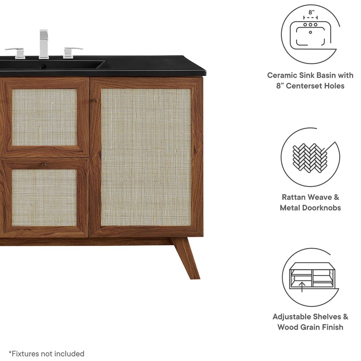 Key features highlight: ceramic basin, rattan weave, wood grain finish, adjustable shelves. || EEI-6720-WAL-BLK || callout_studio