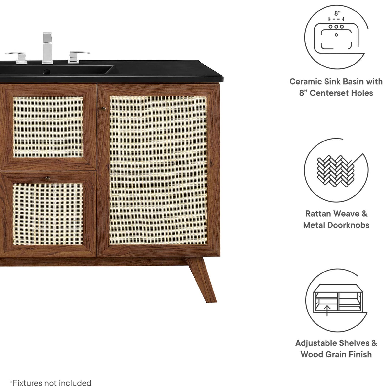 Key features highlight: ceramic basin, rattan weave, wood grain finish, adjustable shelves. || EEI-6720-WAL-BLK || callout_studio