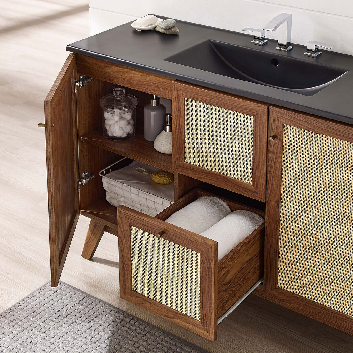 Everyday-ready storage with open cabinet and pull-out drawer keeps towels and toiletries at hand. || EEI-6720-WAL-BLK || front_angle_open_room