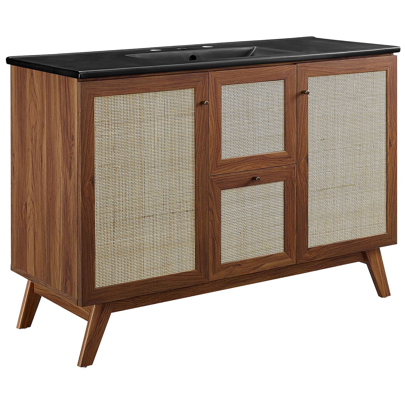 Mid-century vanity in walnut wood grain with rattan weave doors and a black integrated sink. || EEI-6720-WAL-BLK || front_angle_studio
