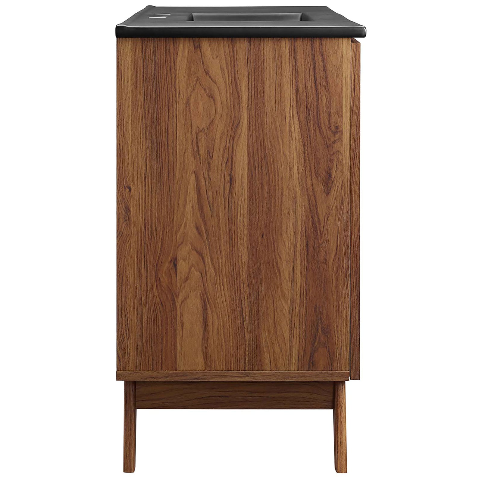 Sleek walnut cabinet profile with splayed legs and black integrated countertop basin. || EEI-6720-WAL-BLK || side_studio