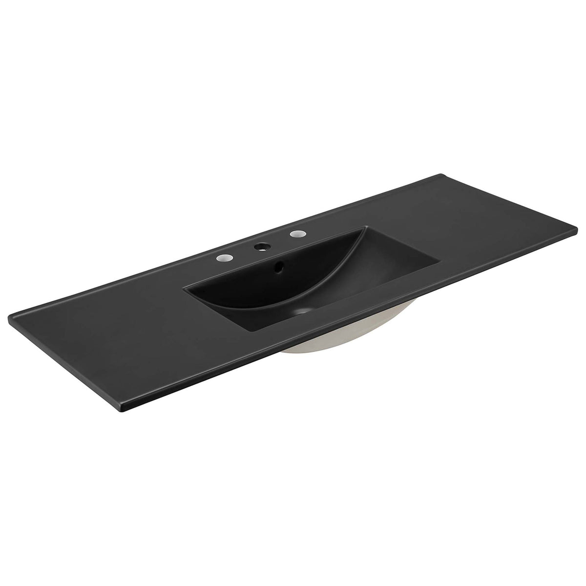 Matte black integrated sink top pairs perfectly with the Soma vanity cabinet. || EEI-6720-WAL-BLK || front_angle_partial_studio