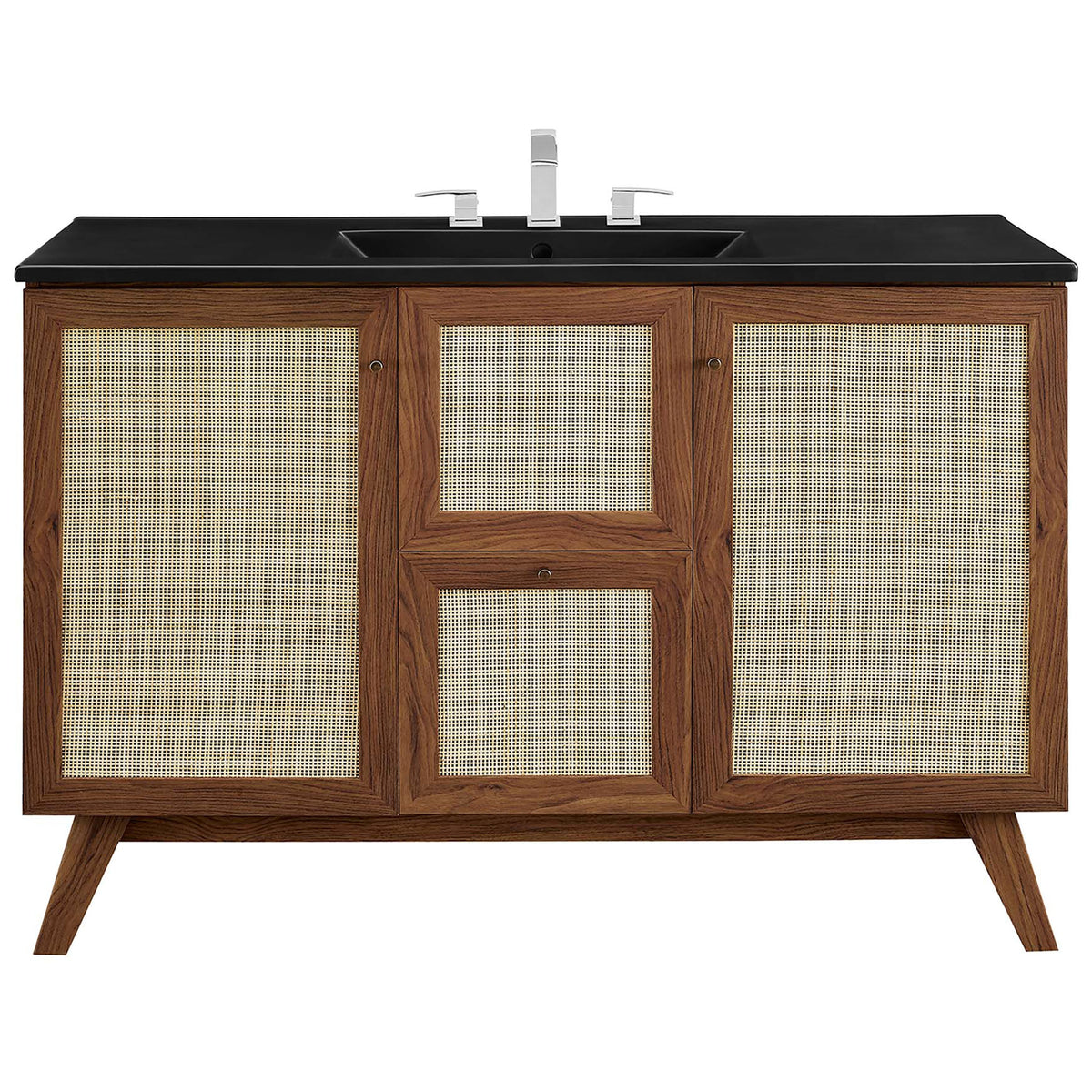 Walnut vanity with rattan doors and matte black integrated sink offers refined, organic style. || EEI-6720-WAL-BLK || front_studio