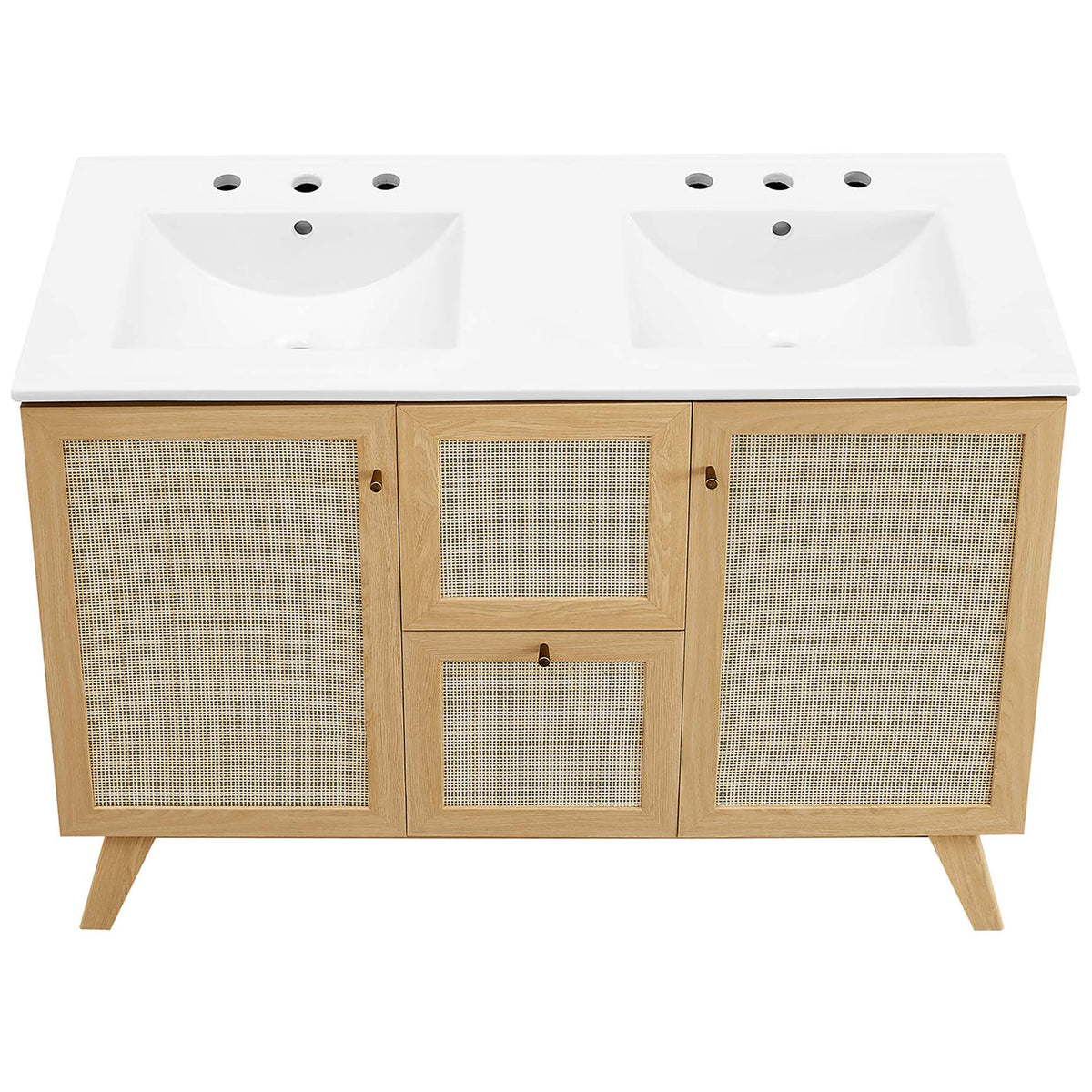 Integrated countertop and twin basins over the oak cabinet || EEI-6721-OAK-WHI || top_studio