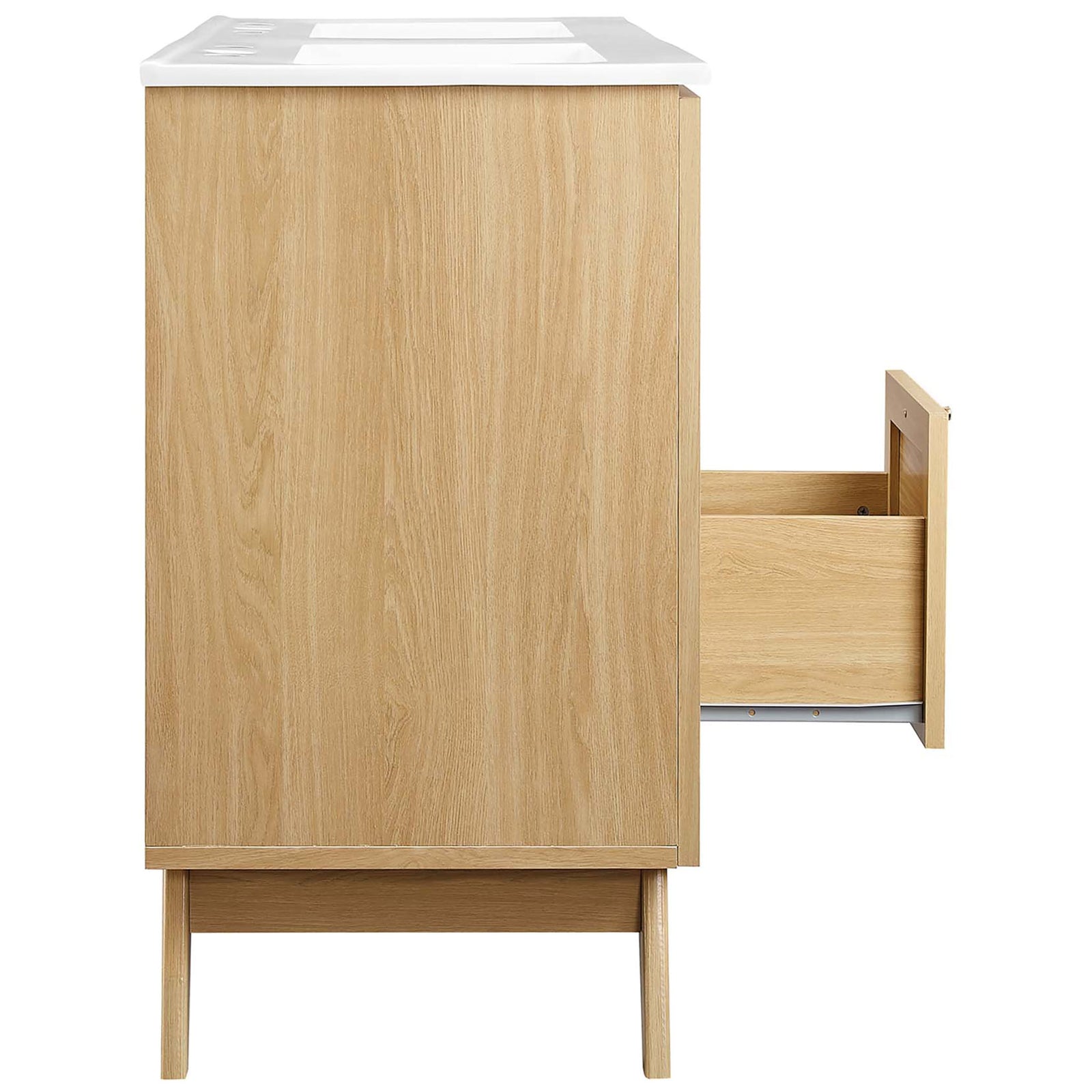 Drawer extended for easy access to storage || EEI-6721-OAK-WHI || side_open_studio