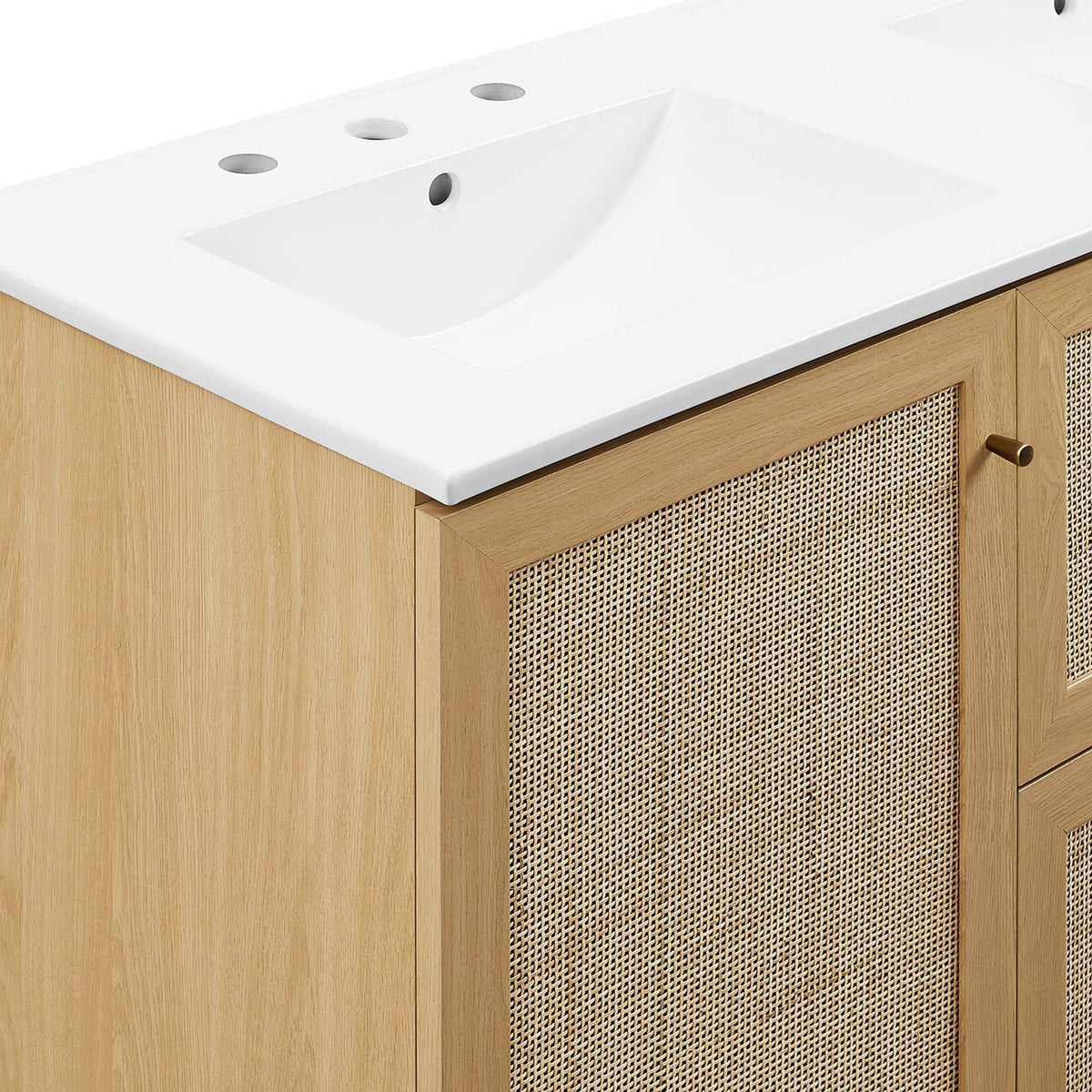 Crisp white top meets woven rattan doors with brushed gold knob || EEI-6721-OAK-WHI || detail_studio