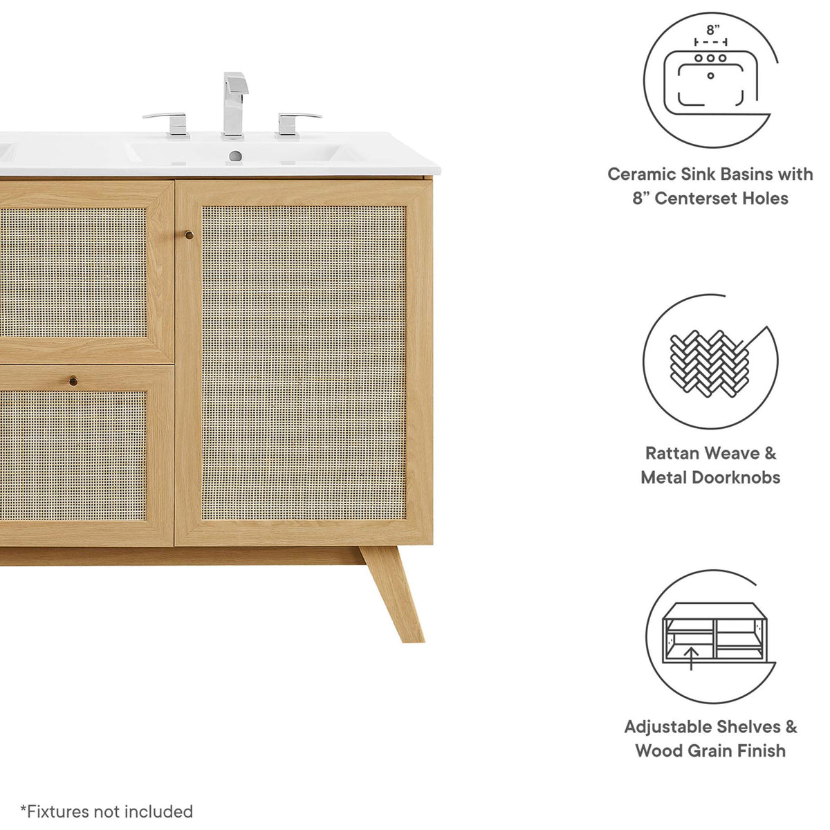 Feature callouts highlighting rattan weave, ceramic basins, and 8-inch widespread holes || EEI-6721-OAK-WHI || callout_studio