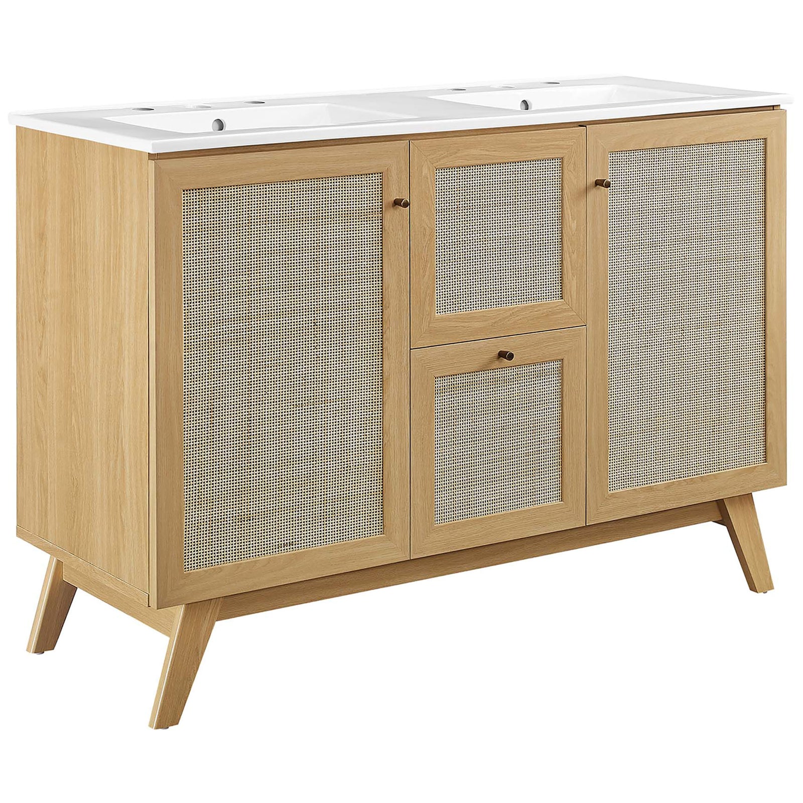 Rattan-paneled oak vanity with double integrated sinks and brushed gold knobs || EEI-6721-OAK-WHI || front_angle_studio