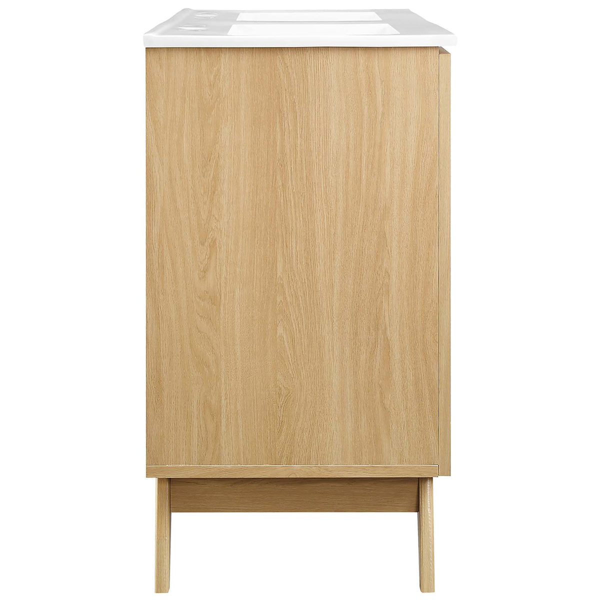 Sleek oak cabinet with minimalist lines and integrated countertop || EEI-6721-OAK-WHI || side_studio