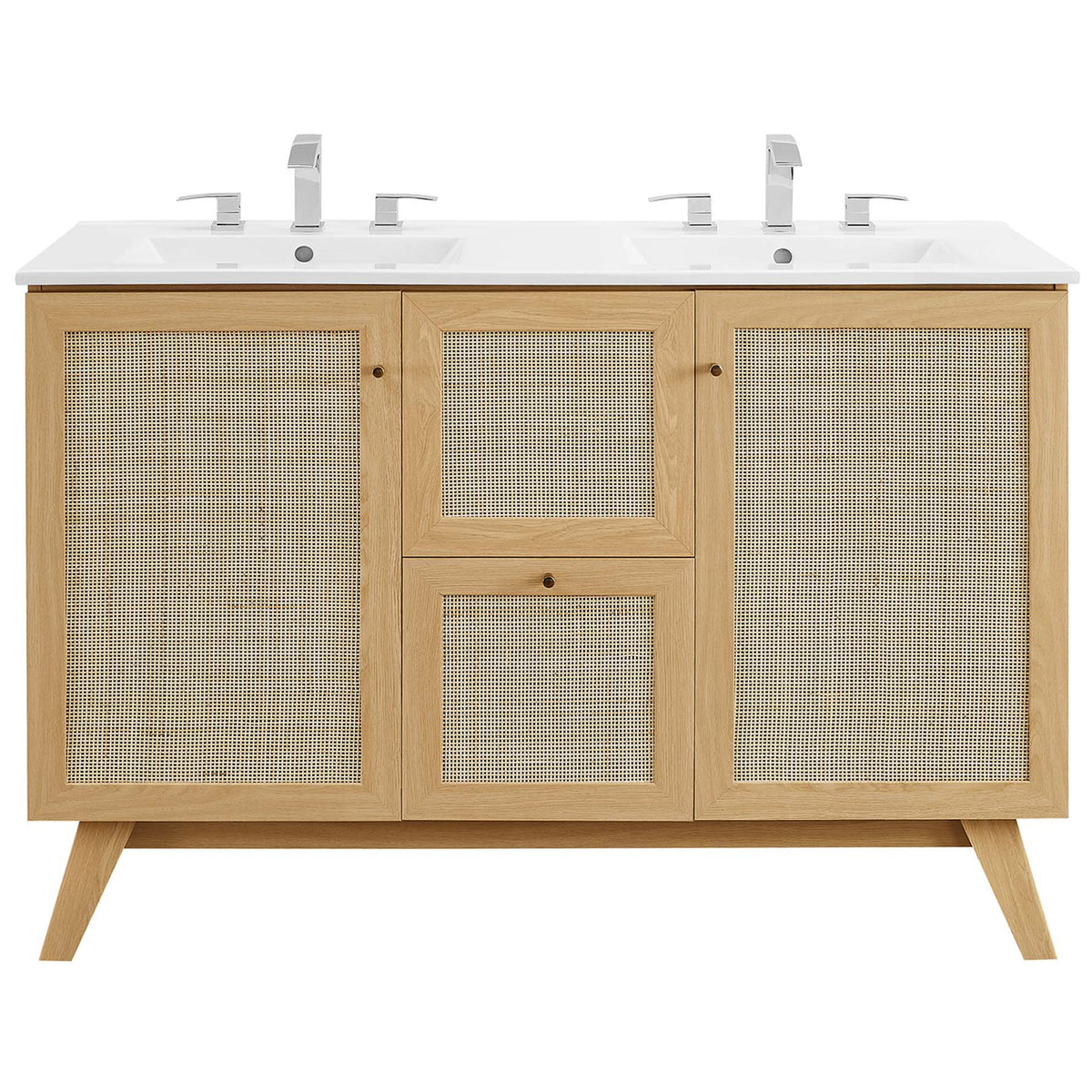 Clean, modern vanity with rattan fronts and dual sinks || EEI-6721-OAK-WHI || front_studio
