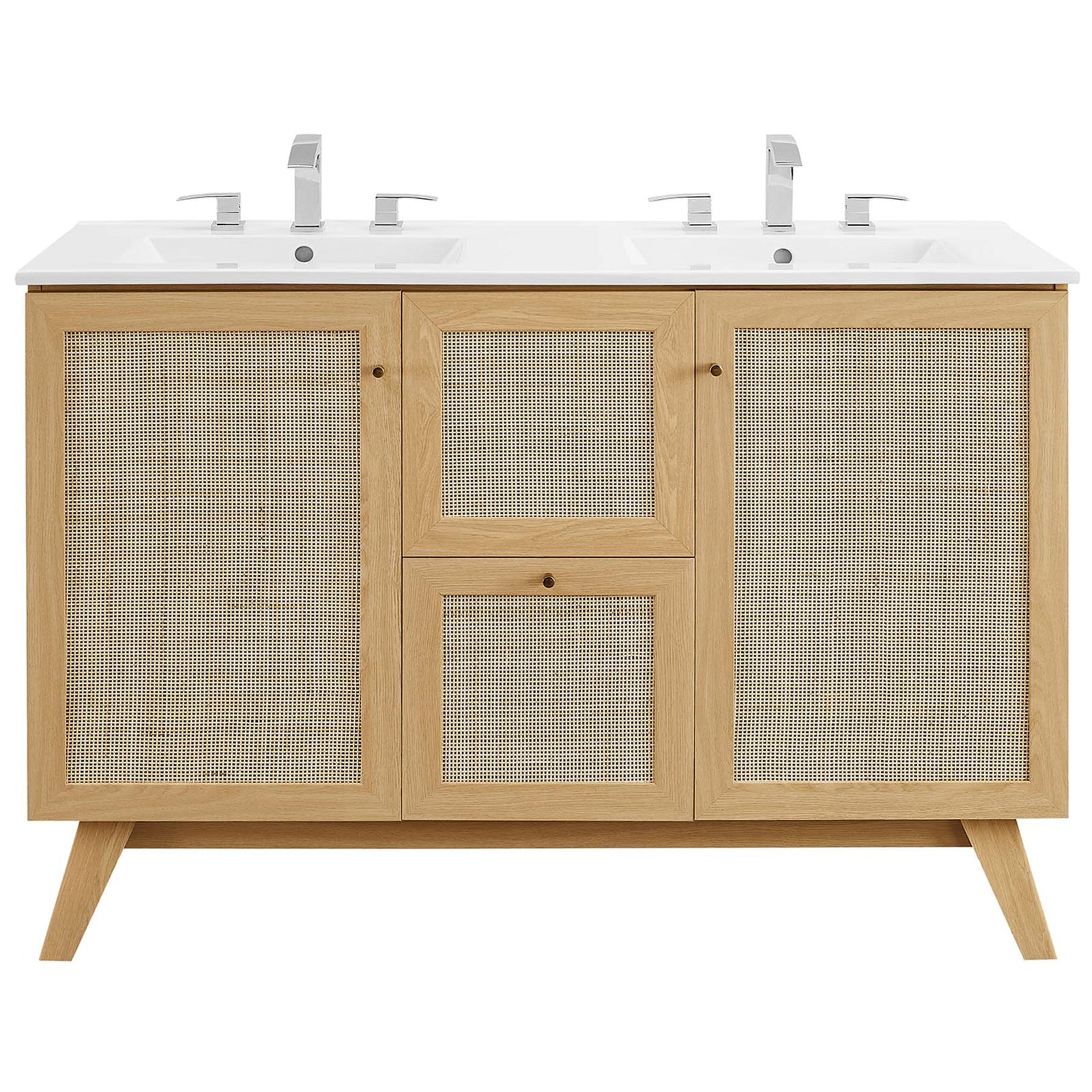 Clean, modern vanity with rattan fronts and dual sinks || EEI-6721-OAK-WHI || front_studio