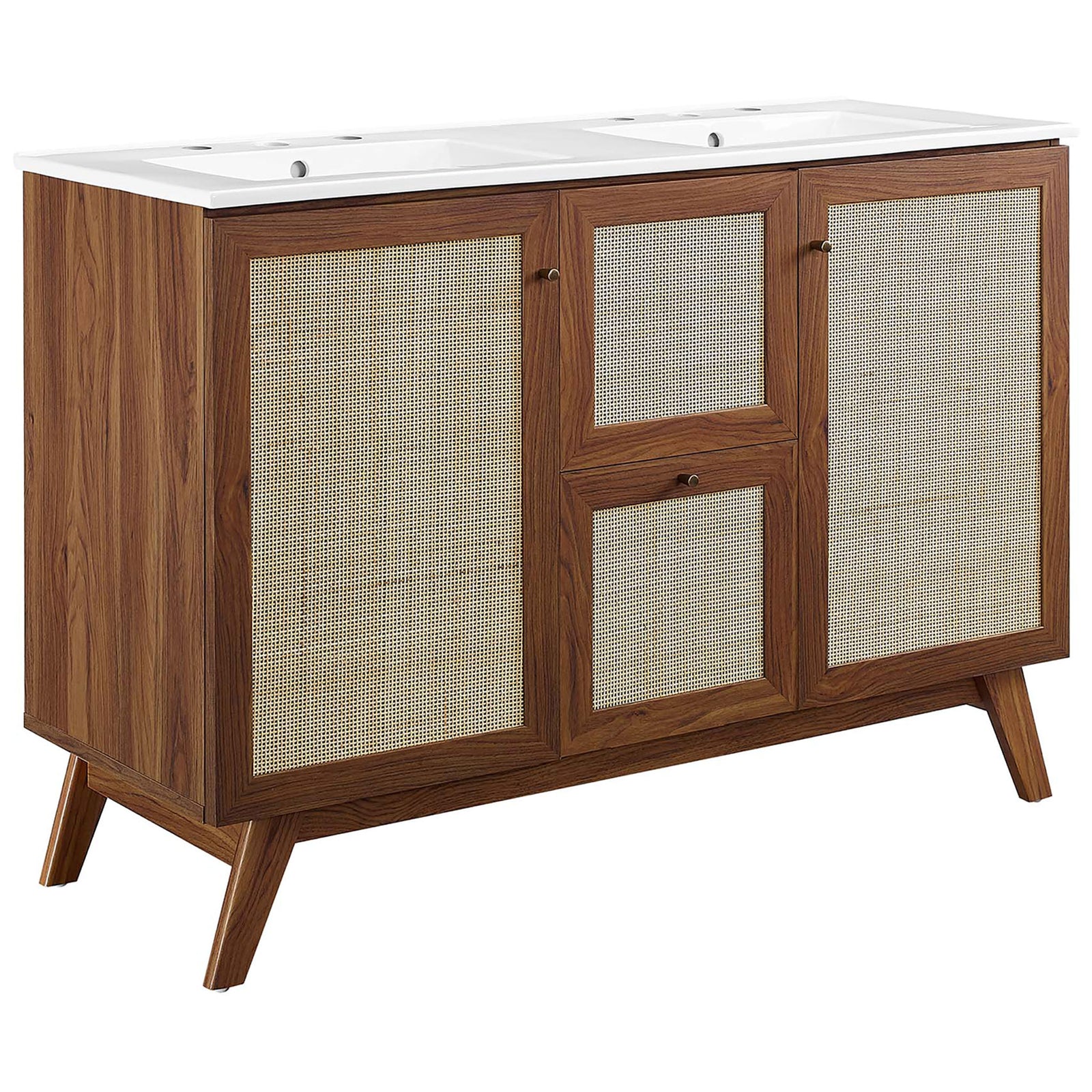 Rattan-paneled walnut vanity with integrated white double basins and splayed legs || EEI-6721-WAL-WHI || front_angle_studio