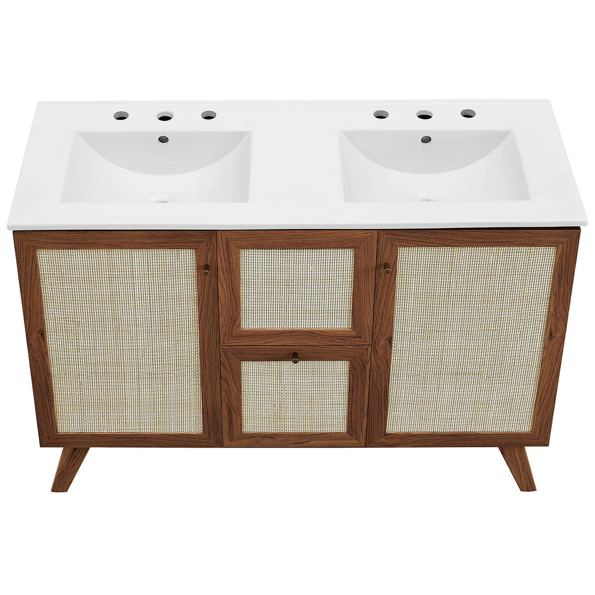 Dual rectangular basins with 8-inch widespread faucet holes on a seamless white top || EEI-6721-WAL-WHI || top_studio