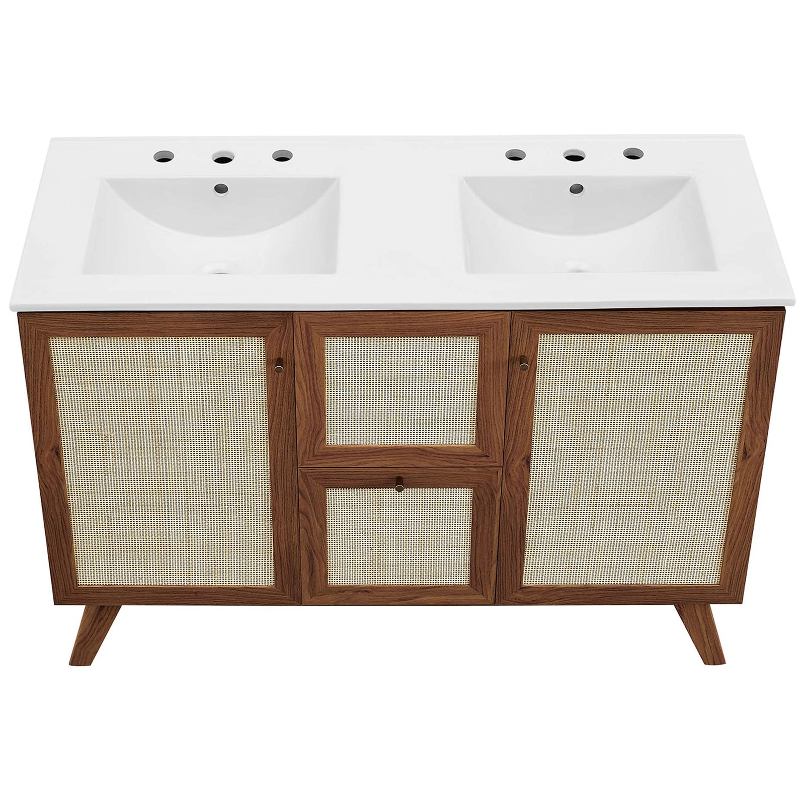 Dual rectangular basins with 8-inch widespread faucet holes on a seamless white top || EEI-6721-WAL-WHI || top_studio