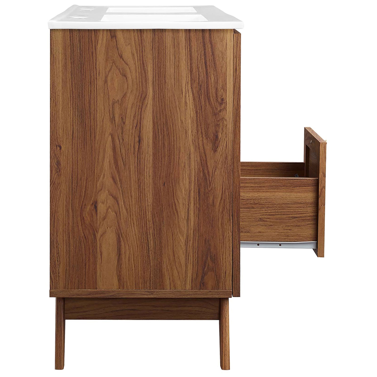 Smooth-glide center drawer extends for easy access to bathroom essentials || EEI-6721-WAL-WHI || side_open_studio