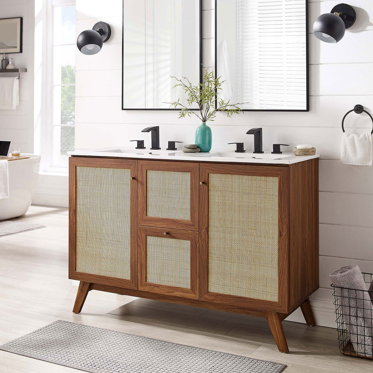 Rattan and walnut vanity adds warm texture to a bright, spa-like bathroom || EEI-6721-WAL-WHI || front_room