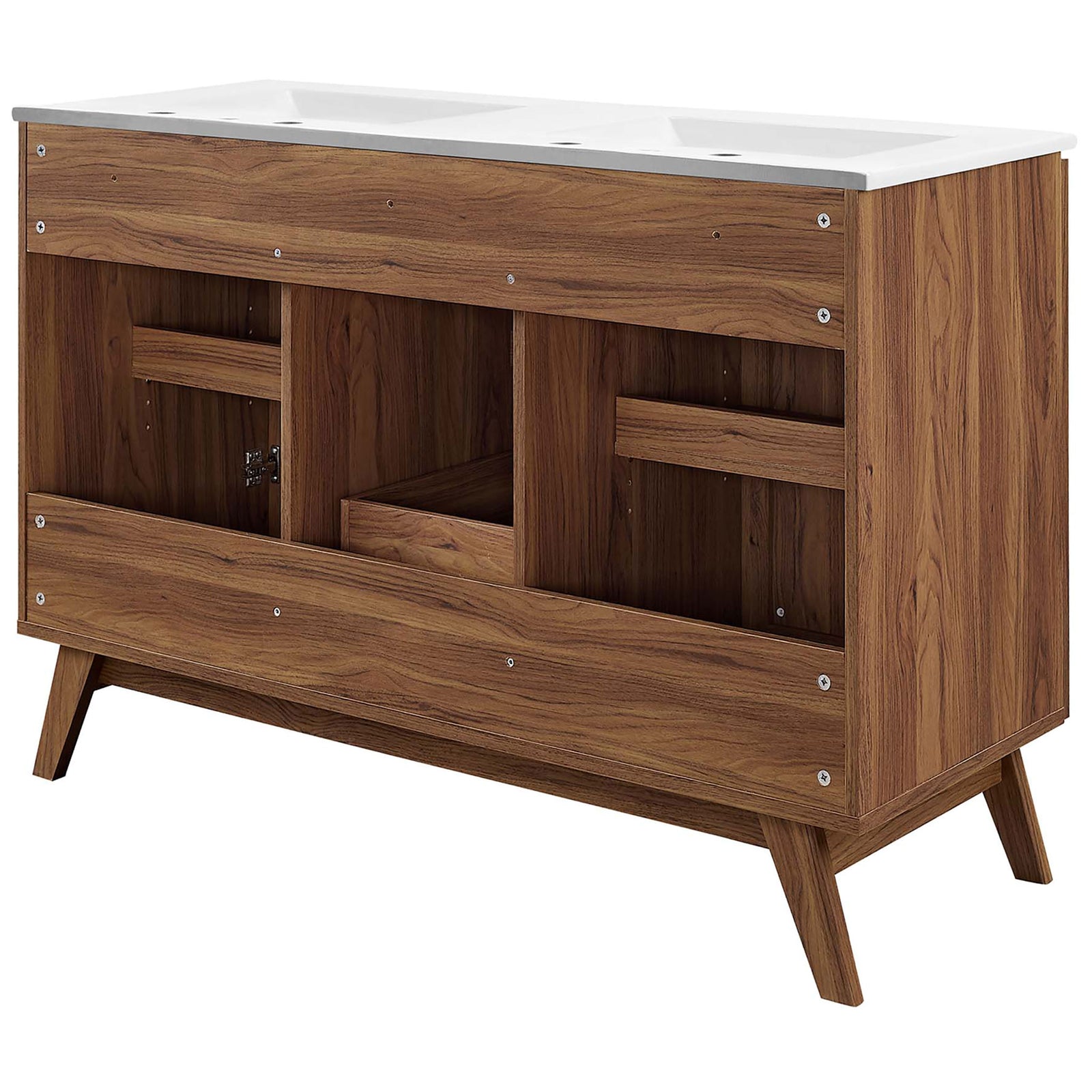 Open back design for easy plumbing access with sturdy wood grain frame || EEI-6721-WAL-WHI || back_angle_studio