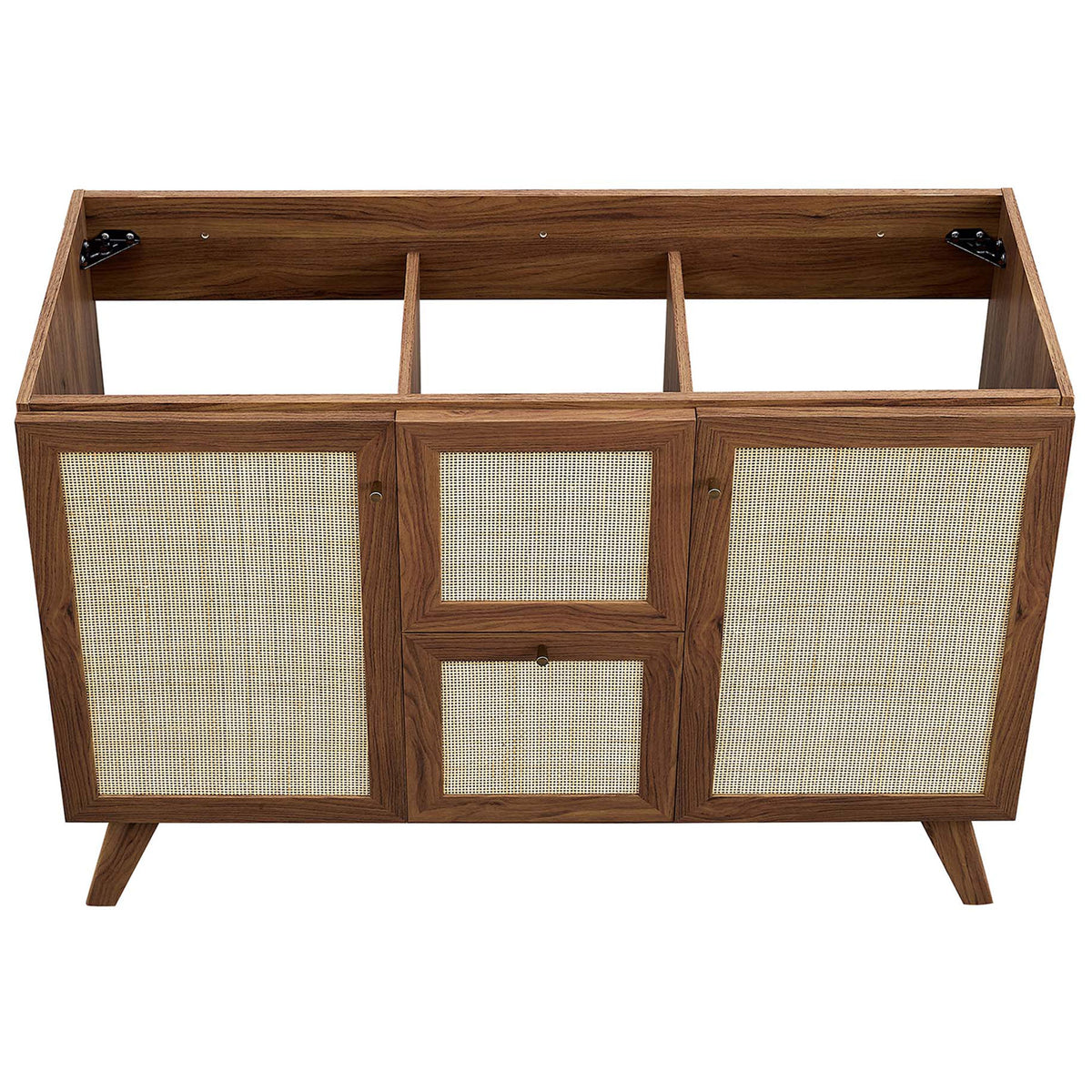 Open cabinet compartments and sturdy wood interior ready for plumbing installation || EEI-6721-WAL-WHI || top_partial_studio
