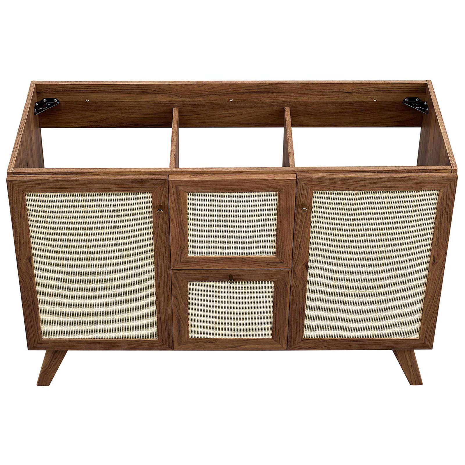Open cabinet compartments and sturdy wood interior ready for plumbing installation || EEI-6721-WAL-WHI || top_partial_studio