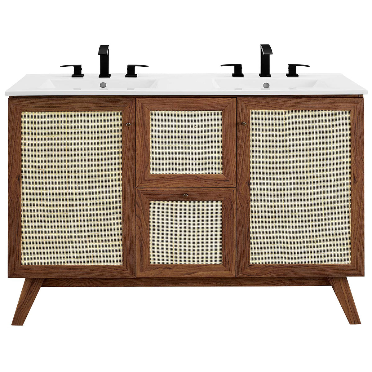 Textured rattan doors complement the crisp double-basin top for modern organic style || EEI-6721-WAL-WHI || front_studio