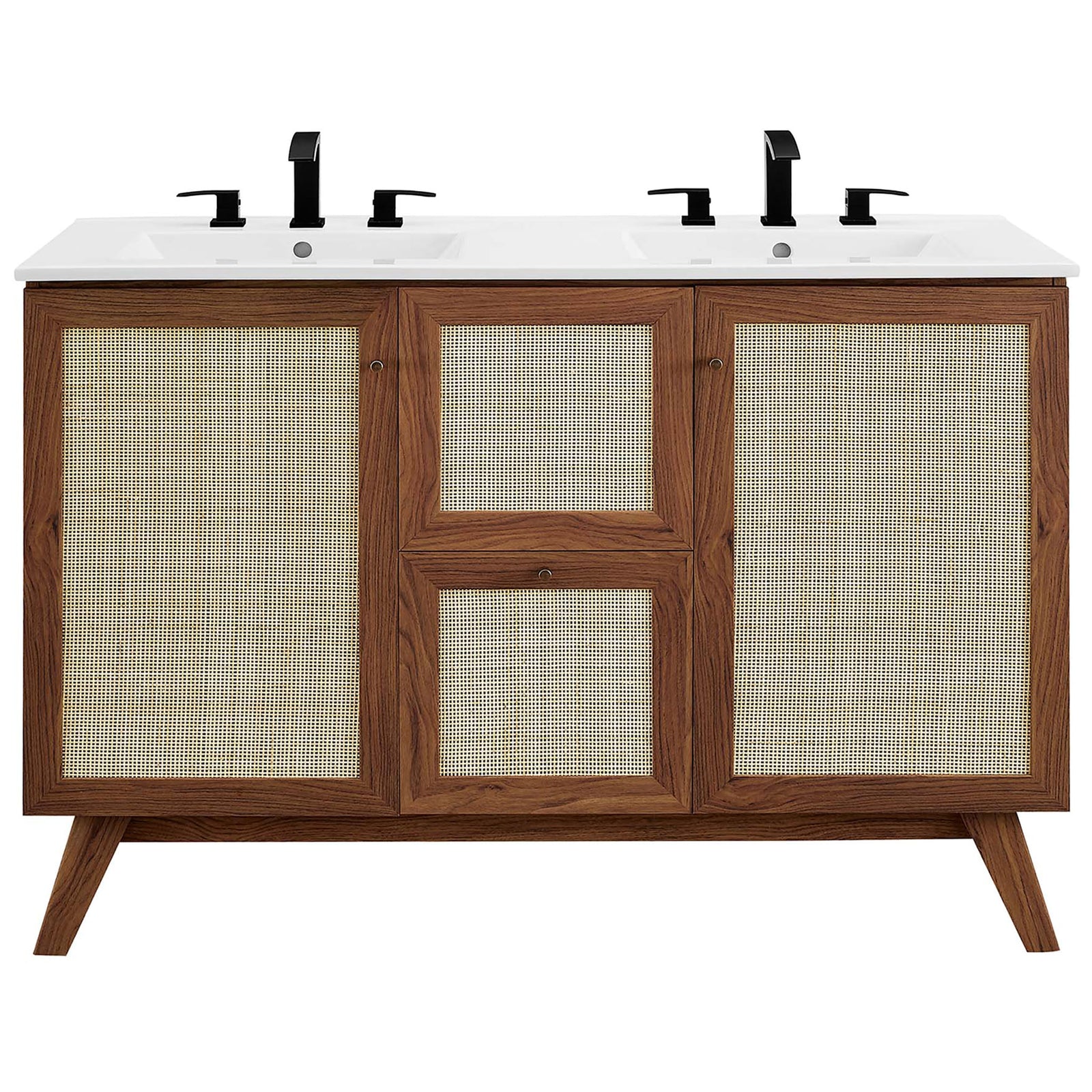 Textured rattan doors complement the crisp double-basin top for modern organic style || EEI-6721-WAL-WHI || front_studio