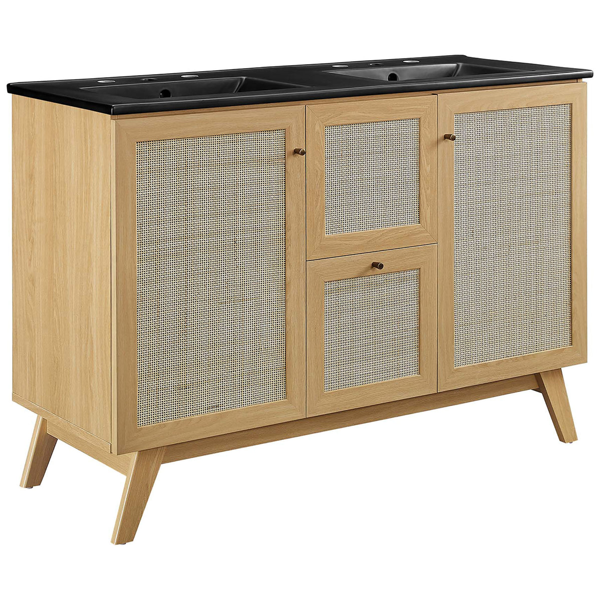 Airy rattan panels and a sleek black double basin top define this mid-century oak vanity || EEI-6722-OAK-BLK || front_angle_studio