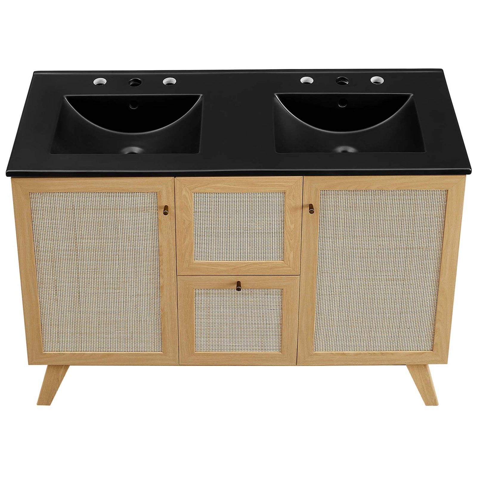 Expansive 48 inch vanity top with deep twin basins and clean, modern lines || EEI-6722-OAK-BLK || top_studio