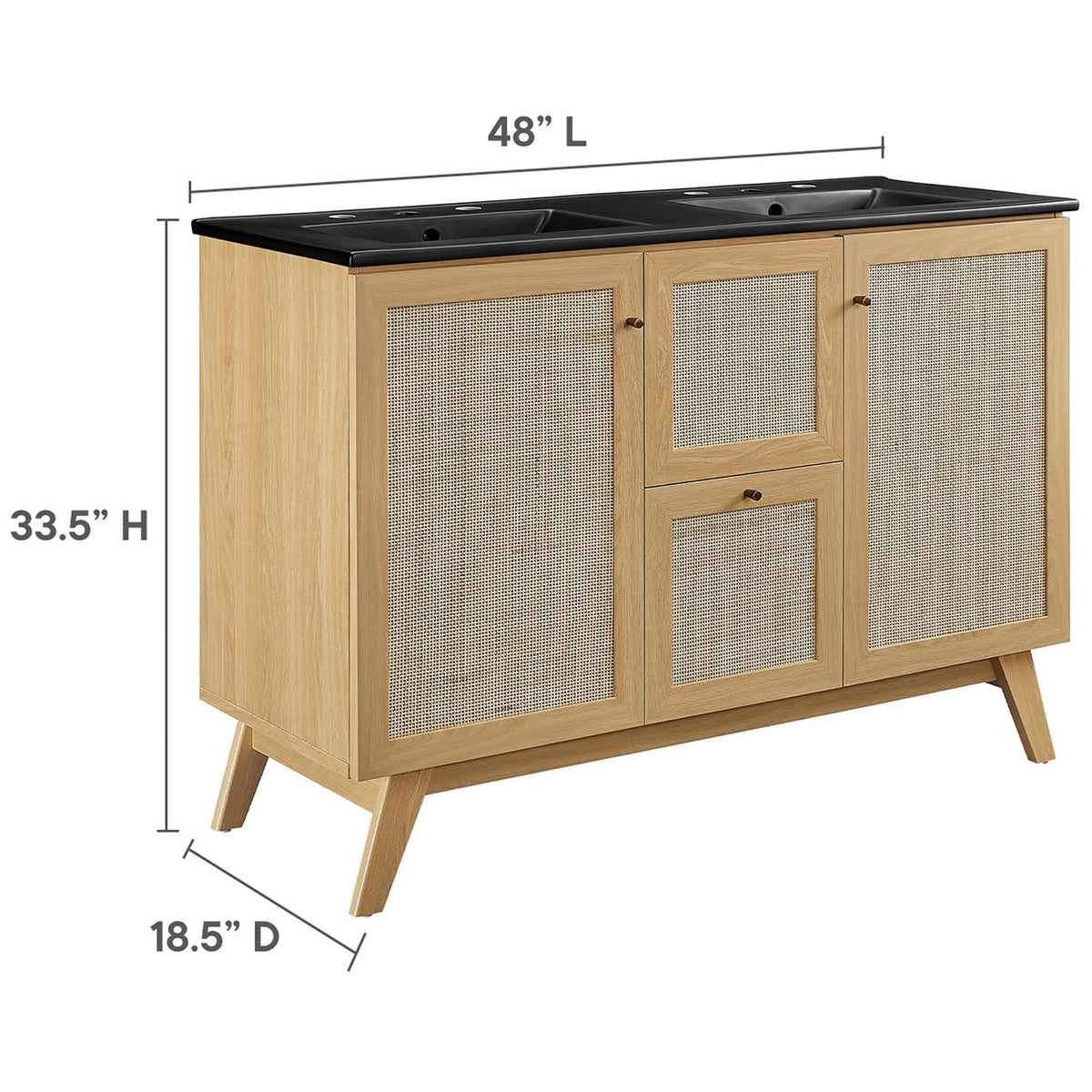 48 inch wide vanity with 33.5 inch height and 18.5 inch depth shown for easy planning || EEI-6722-OAK-BLK || dimension_studio