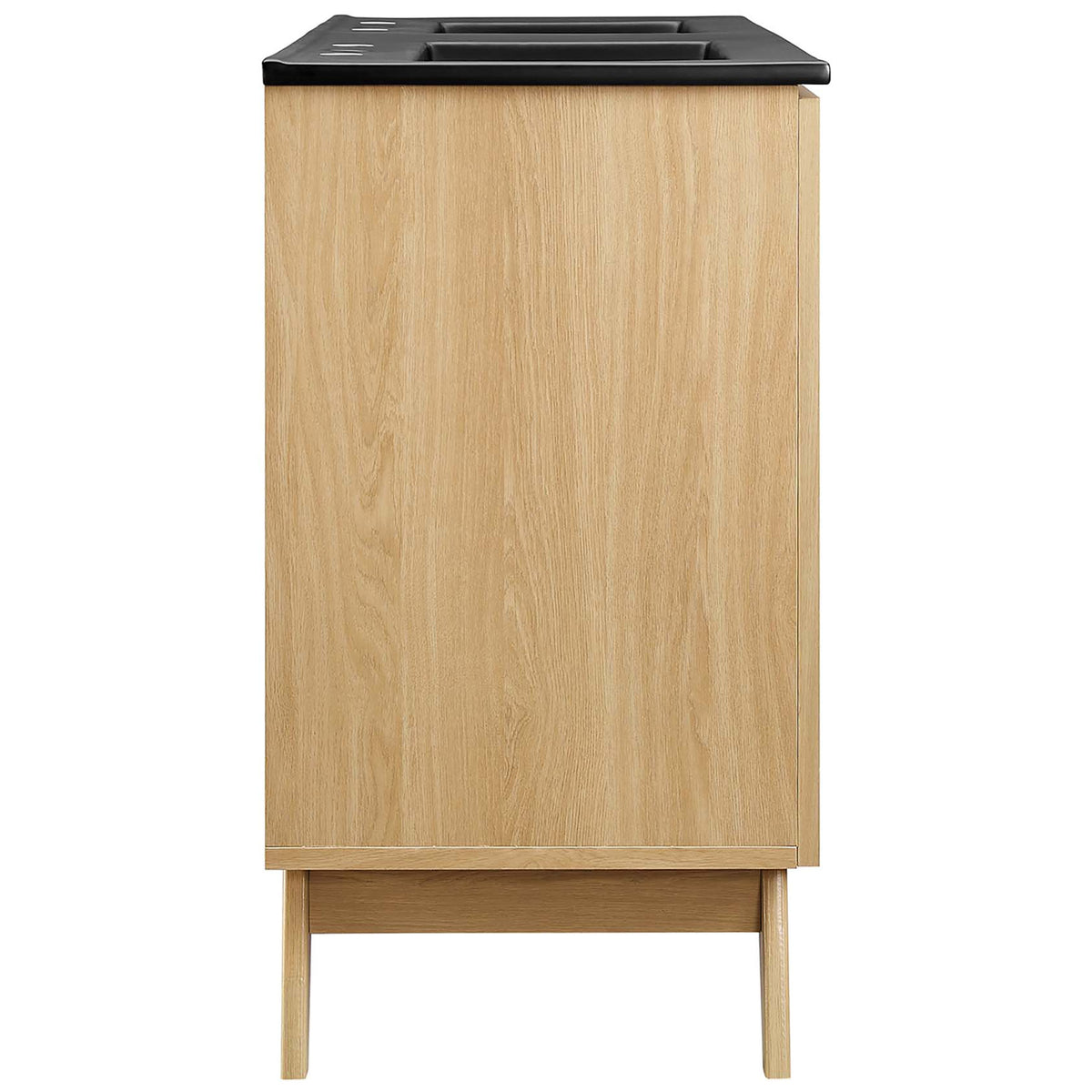 Slim oak profile with splayed legs and black countertop for a clean, modern bathroom look || EEI-6722-OAK-BLK || side_studio