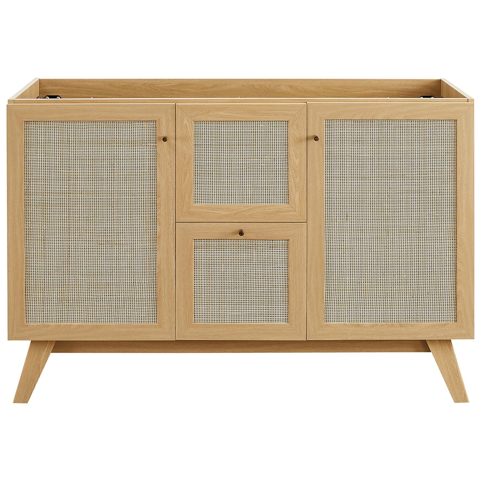Cane-front oak vanity cabinet with brushed gold knobs and soft-close doors || EEI-6722-OAK-BLK || front_partial_studio