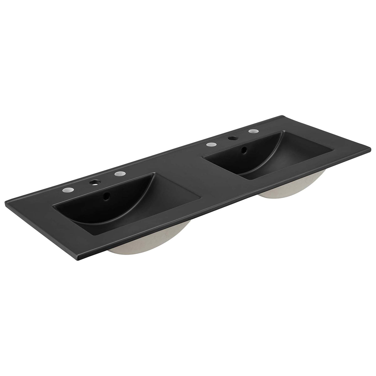 Matte black double sink top with two integrated ceramic basins and 8 inch widespread holes || EEI-6722-OAK-BLK || front_angle_partial_studio