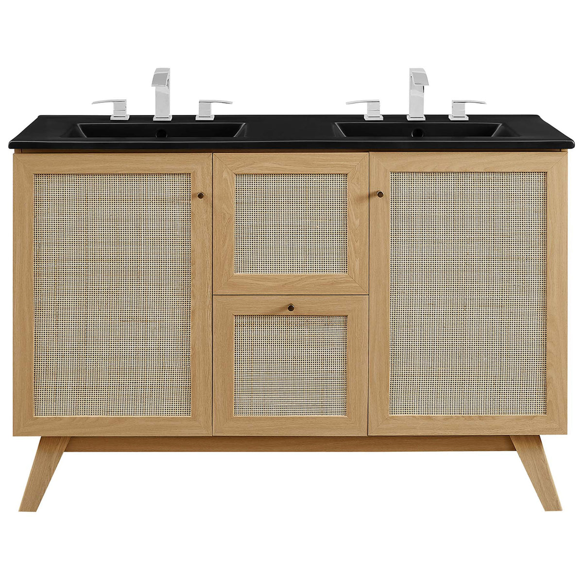 Complete vanity look with twin basins and cane-front storage for a serene spa feel || EEI-6722-OAK-BLK || front_studio