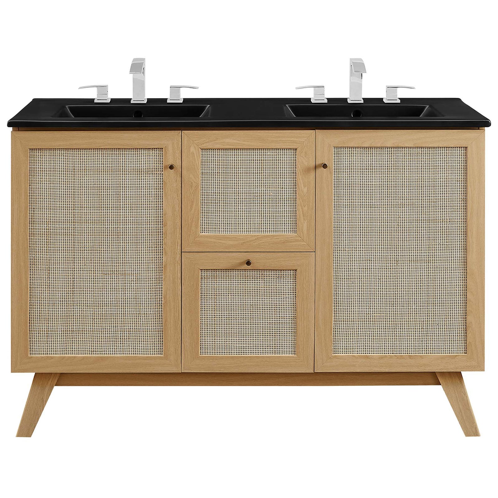 Complete vanity look with twin basins and cane-front storage for a serene spa feel || EEI-6722-OAK-BLK || front_studio
