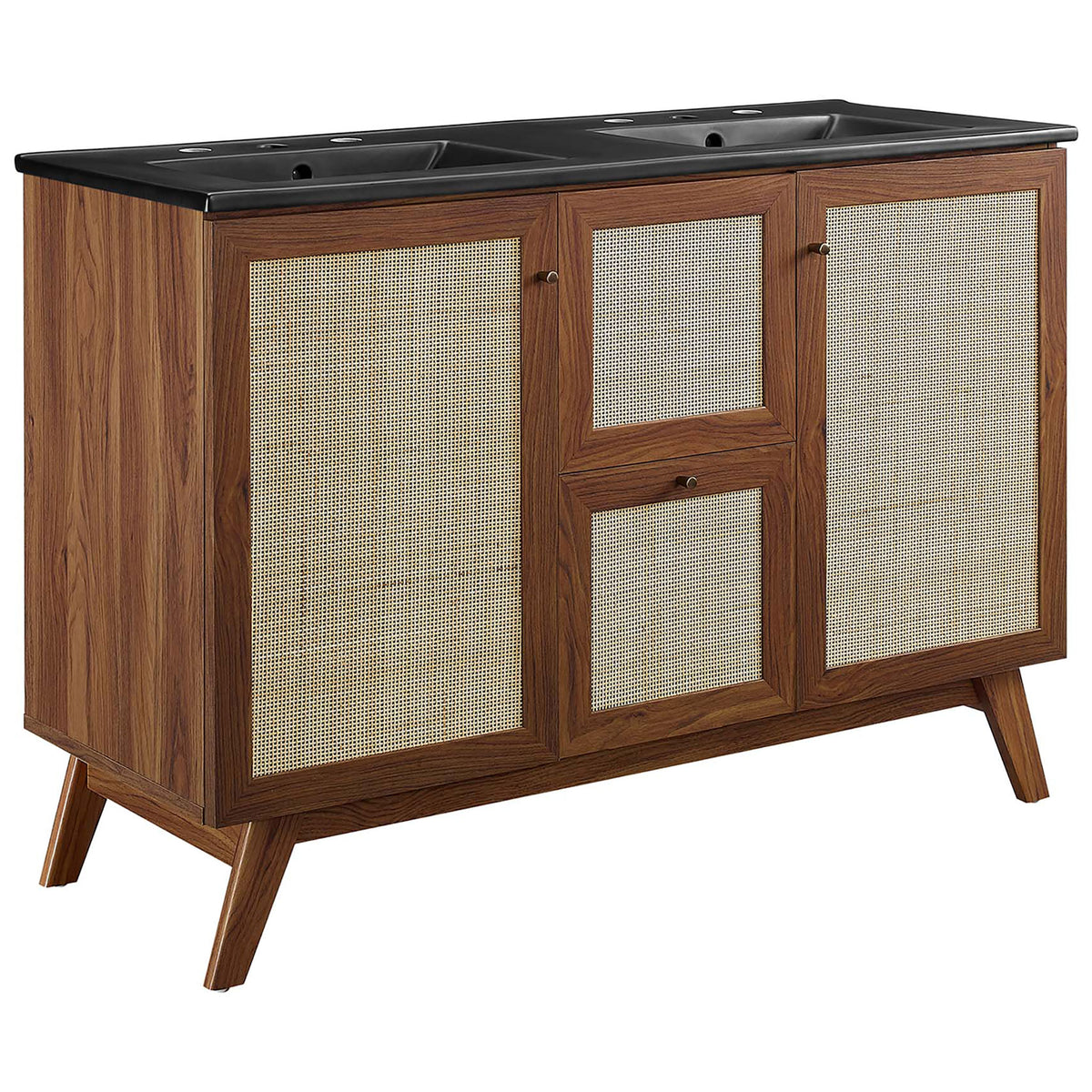 Walnut vanity with rattan doors and a black double basin top for warm, modern style || EEI-6722-WAL-BLK || front_angle_studio