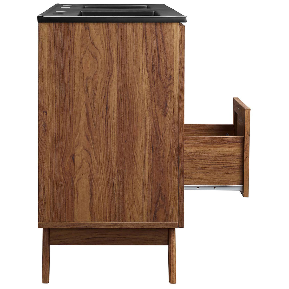 Smooth-glide center drawer opens to store towels and toiletries || EEI-6722-WAL-BLK || side_open_studio