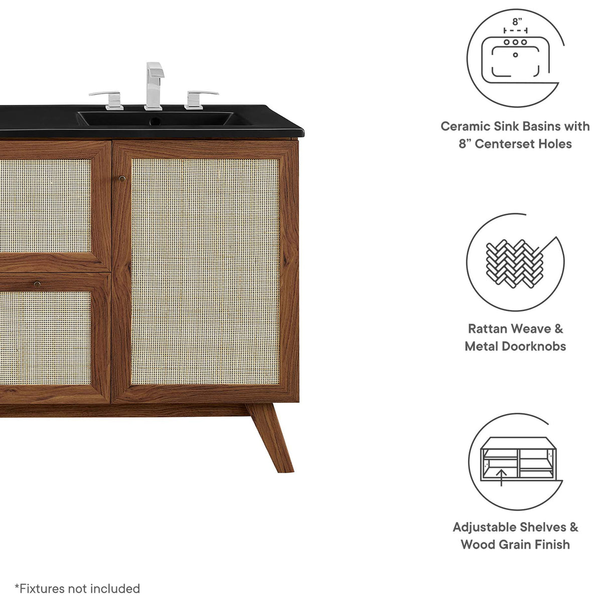 Key features: ceramic basins, rattan doors, adjustable shelves, metal knobs || EEI-6722-WAL-BLK || callout_studio
