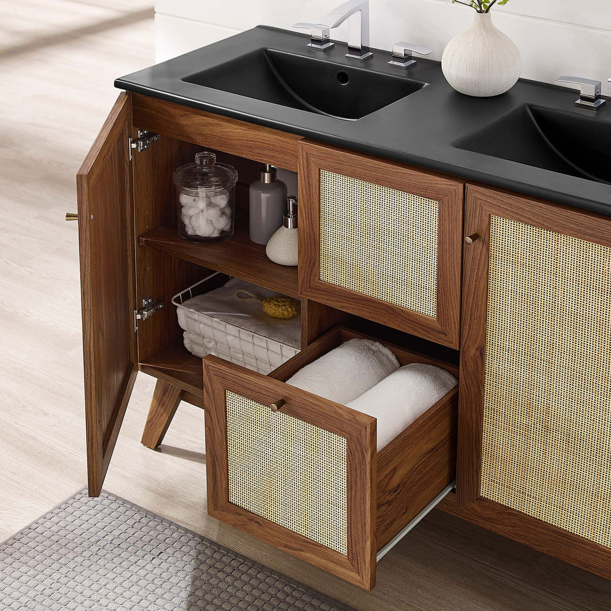 Adjustable shelves and deep drawer keep everyday items within easy reach || EEI-6722-WAL-BLK || front_angle_open_room