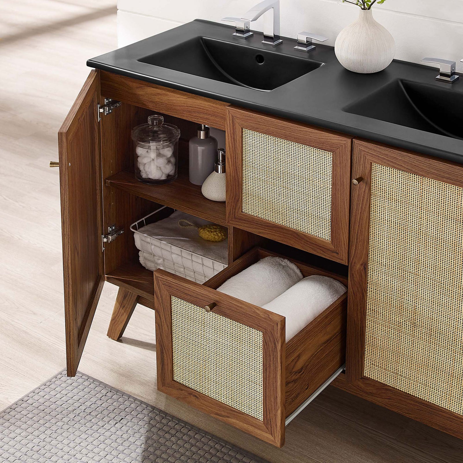 Adjustable shelves and deep drawer keep everyday items within easy reach || EEI-6722-WAL-BLK || front_angle_open_room
