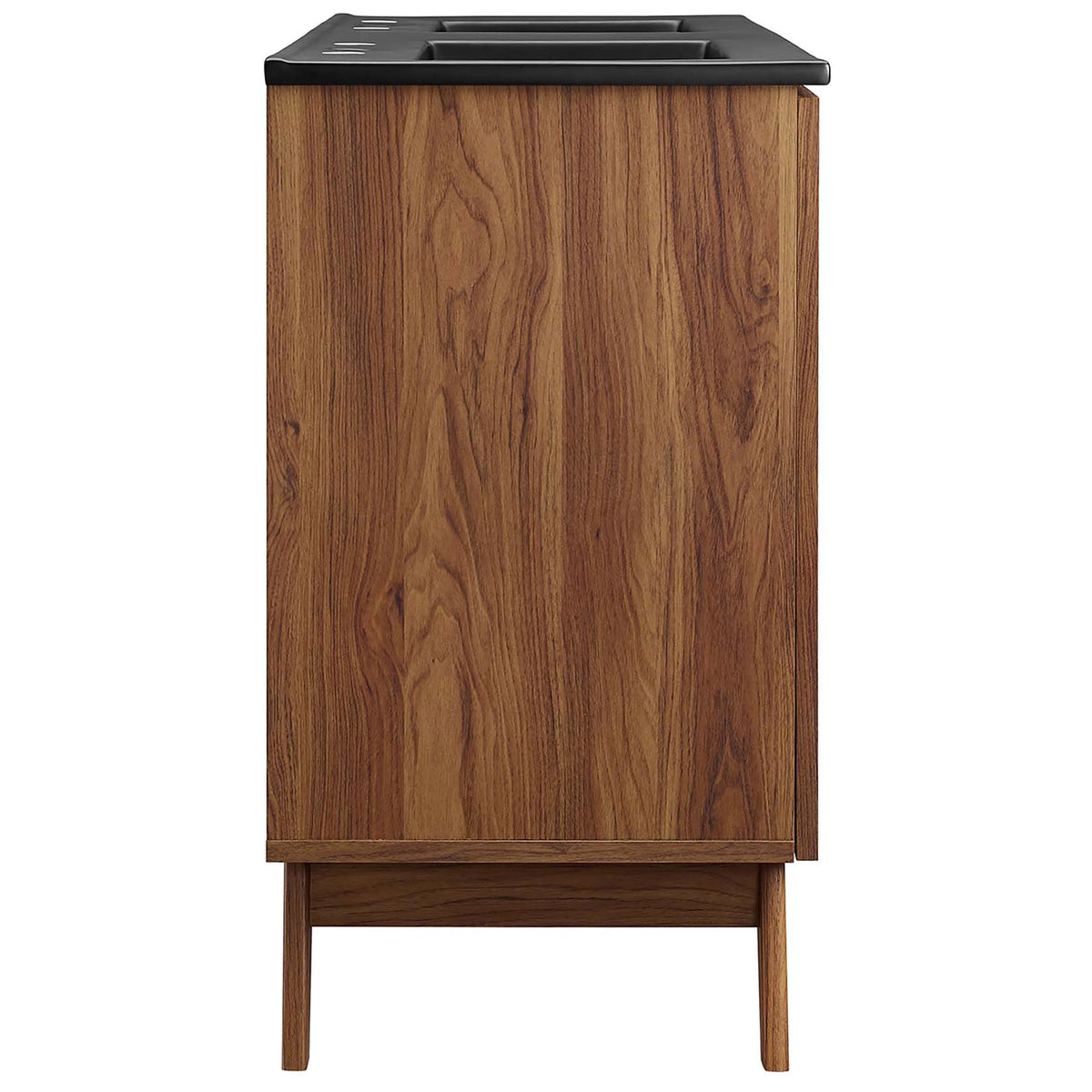 Sleek profile shows rich walnut grain and splayed legs with mid-century poise || EEI-6722-WAL-BLK || side_studio