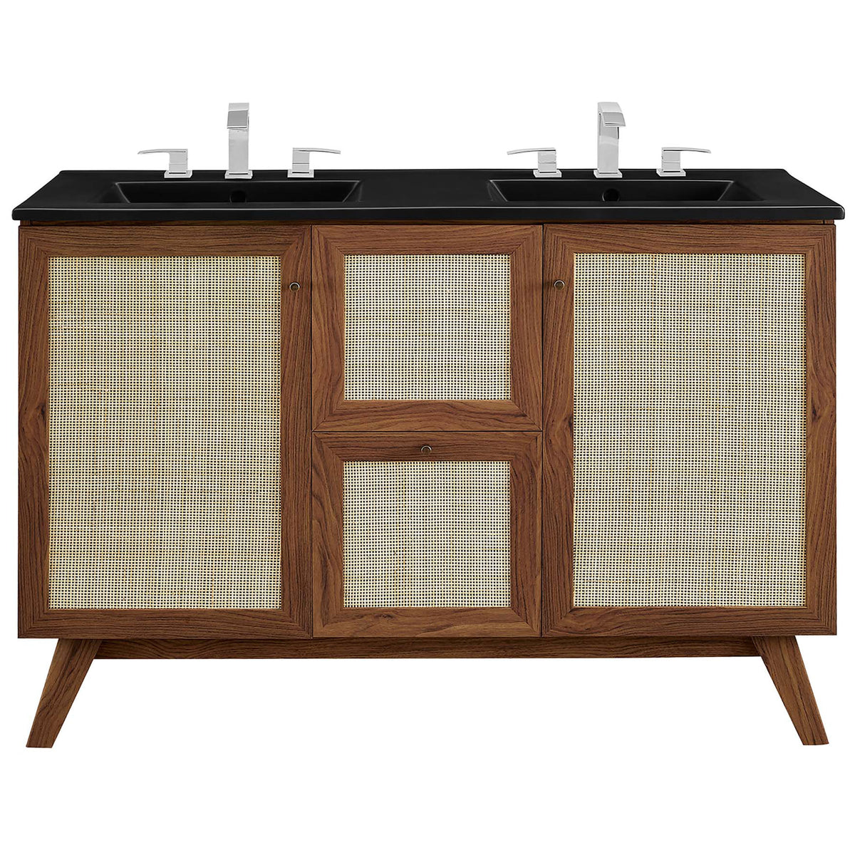 Crisp black countertop pairs with walnut rattan cabinetry for a refined look || EEI-6722-WAL-BLK || front_studio