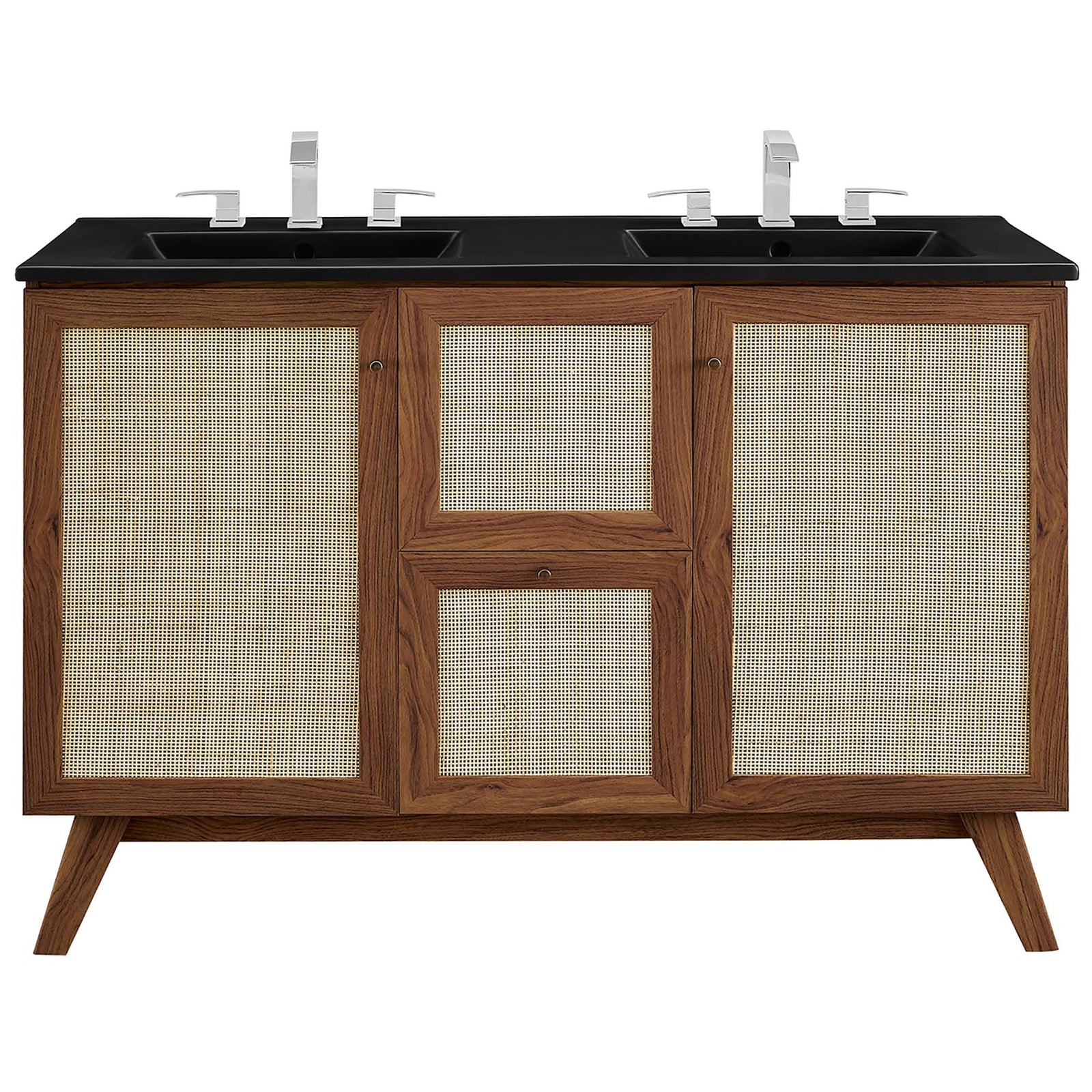 Crisp black countertop pairs with walnut rattan cabinetry for a refined look || EEI-6722-WAL-BLK || front_studio