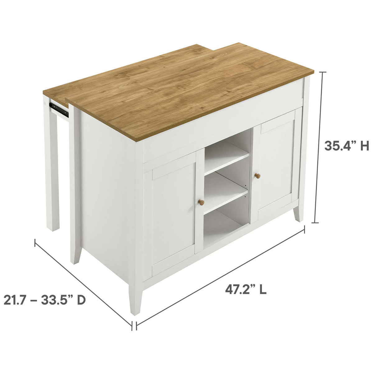 Kitchen island shown with height, length, and adjustable depth measurements for easy planning || EEI-6727-OAK-WHI || dimension_studio