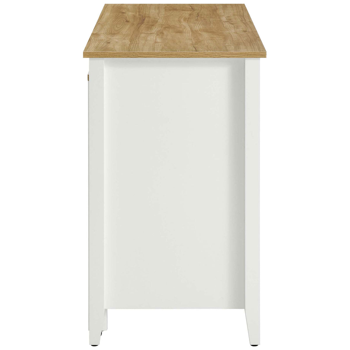White kitchen island showcasing a streamlined end panel, tapered legs, and rich oak wood top || EEI-6727-OAK-WHI || side_studio